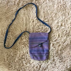 Woven fabric Striped Purple and Blue Crossbody Bag w/ leaf button